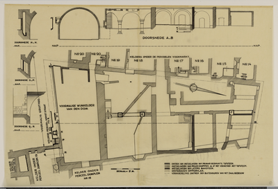 216501 Plattegrond ven doorsneden van het paleis Lofen te Utrecht; met plattegronden van de aangrenzende kelders van de ...
